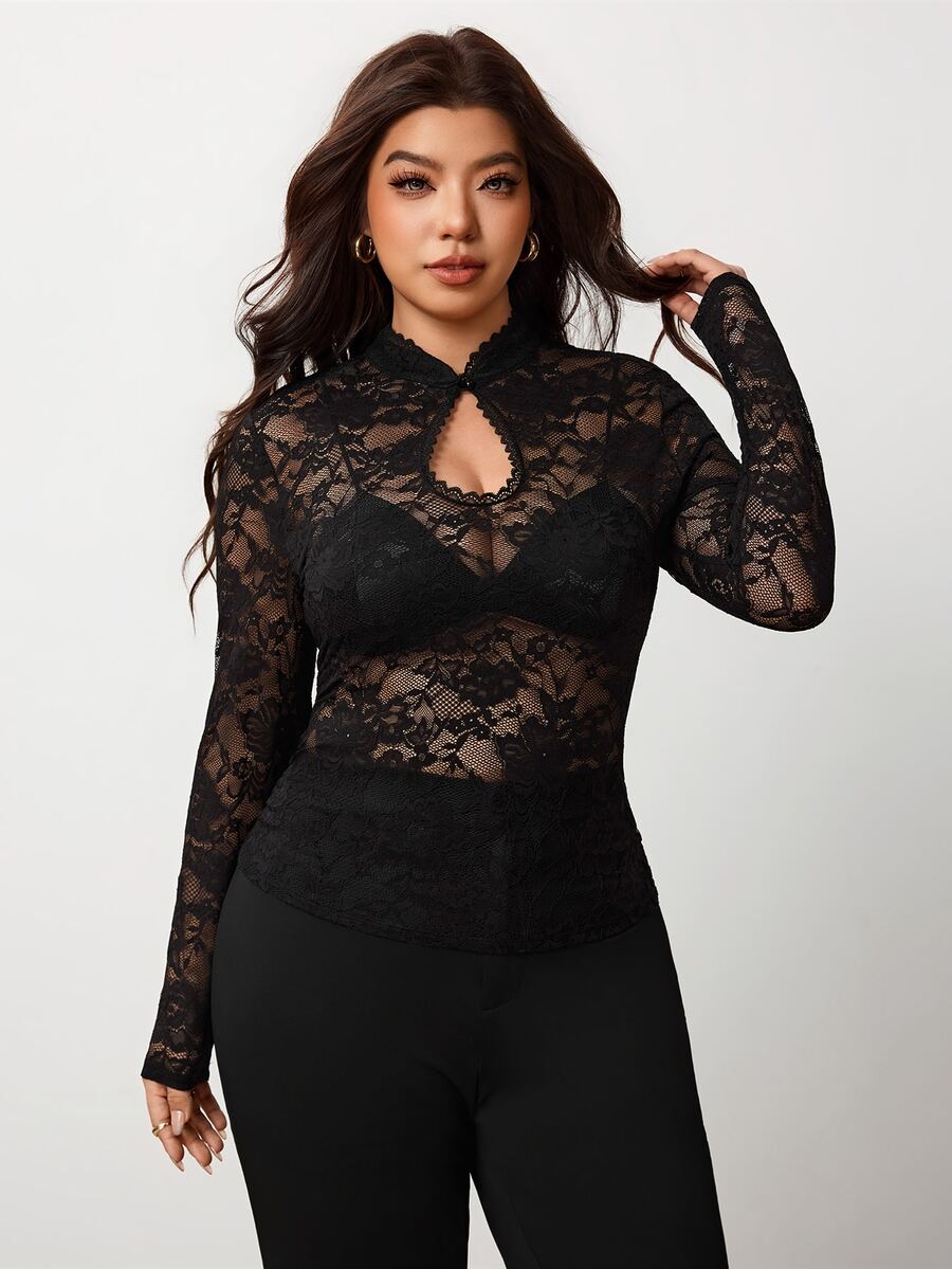 Enliva Plus Size Women's Black Long-Sleeved Top With Stand Collar And Lace Hourglass - Black - View 1