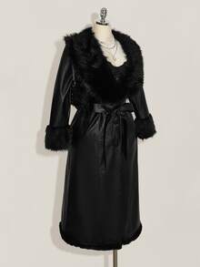 SHEIN ICON Plus Size Women's Fashion Versatile Winter Faux Fur Coat - Black - View 9