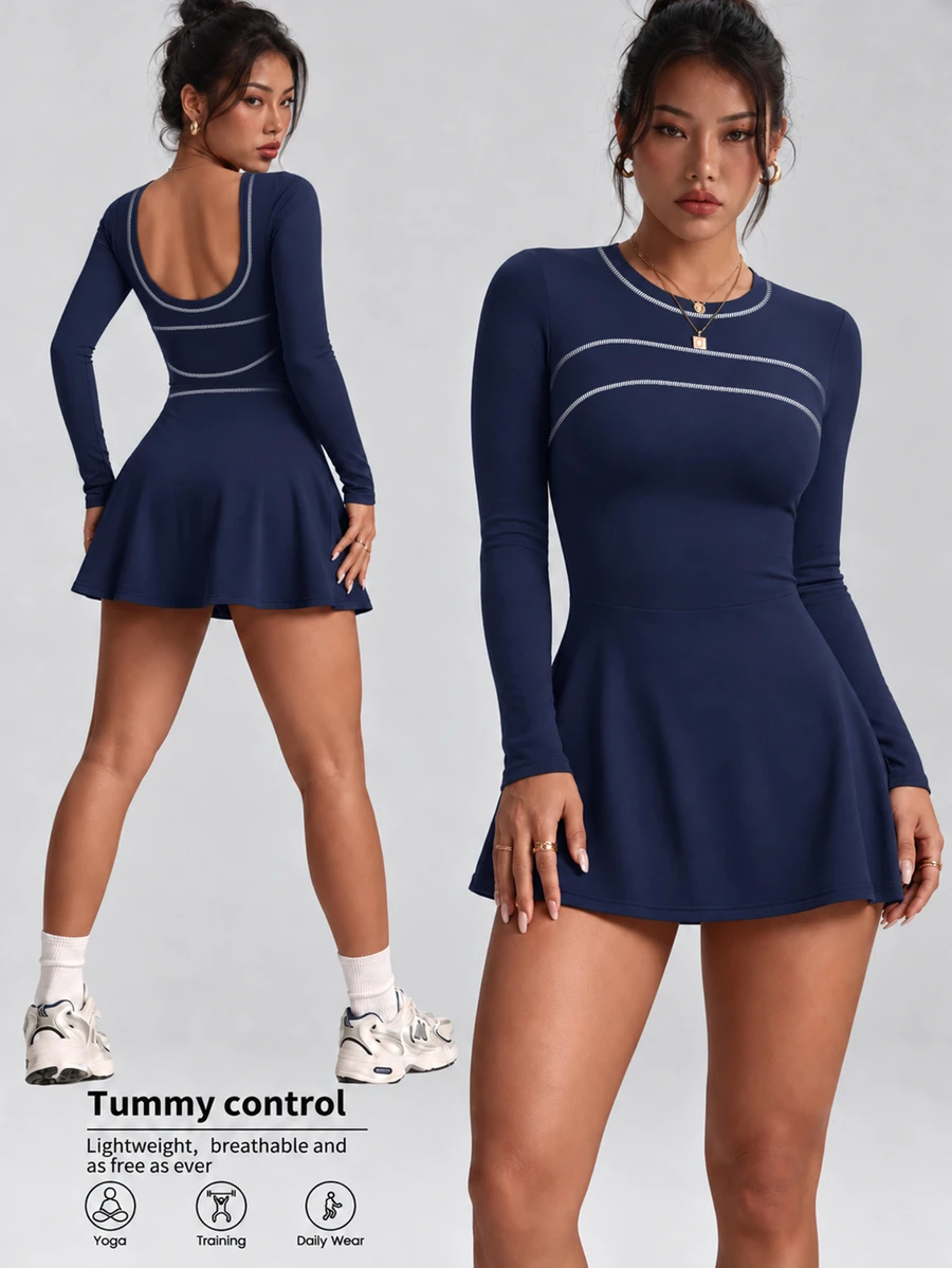FavEase Autumn/Winter Women's Sports Dress, Simple Black Tight Long Sleeve U-Neck Color Block Striped Patchwork With Detachable Shorts Pockets, Daily Modest - Navy Blue - View 1