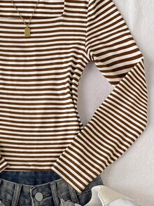 SHEIN 青少年女孩 T-shirt 粉色與白色條紋方領長袖，萬聖節、秋季、冬季、秋天、Y2K、粉色 - 棕色 - 查看 4