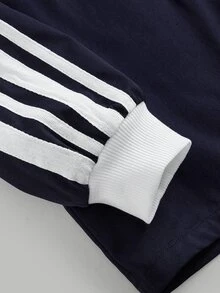 SHEIN 兒童青少年女孩休閒時尚新款秋冬海軍藍與白色條紋拼接青蛙鈕扣長袖拉鍊外套與長褲2件套，返校季，秋冬服飾，開襟外套套裝 - 藍白色 - 查看 5