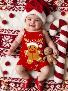 [1 Bộ Romper Bé] Merry Christmas, họa tiết người gừng Noel dễ thương kèm nơ chấm bi, romper dây đeo casual cho bé gái, phù hợp mùa xuân và mùa hè - Nhiều màu - Xem 5