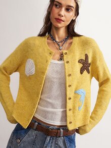 Bohemela Women's Starfish & Shell Decor Casual Everyday Sweater - Yellow - View 6