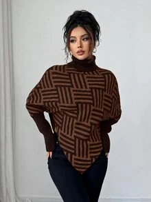 Elenzga 女款優雅高領幾何紋理披肩毛衣，拼色設計，適合居家與旅行，春/秋季 - 卡其色 - 查看 6