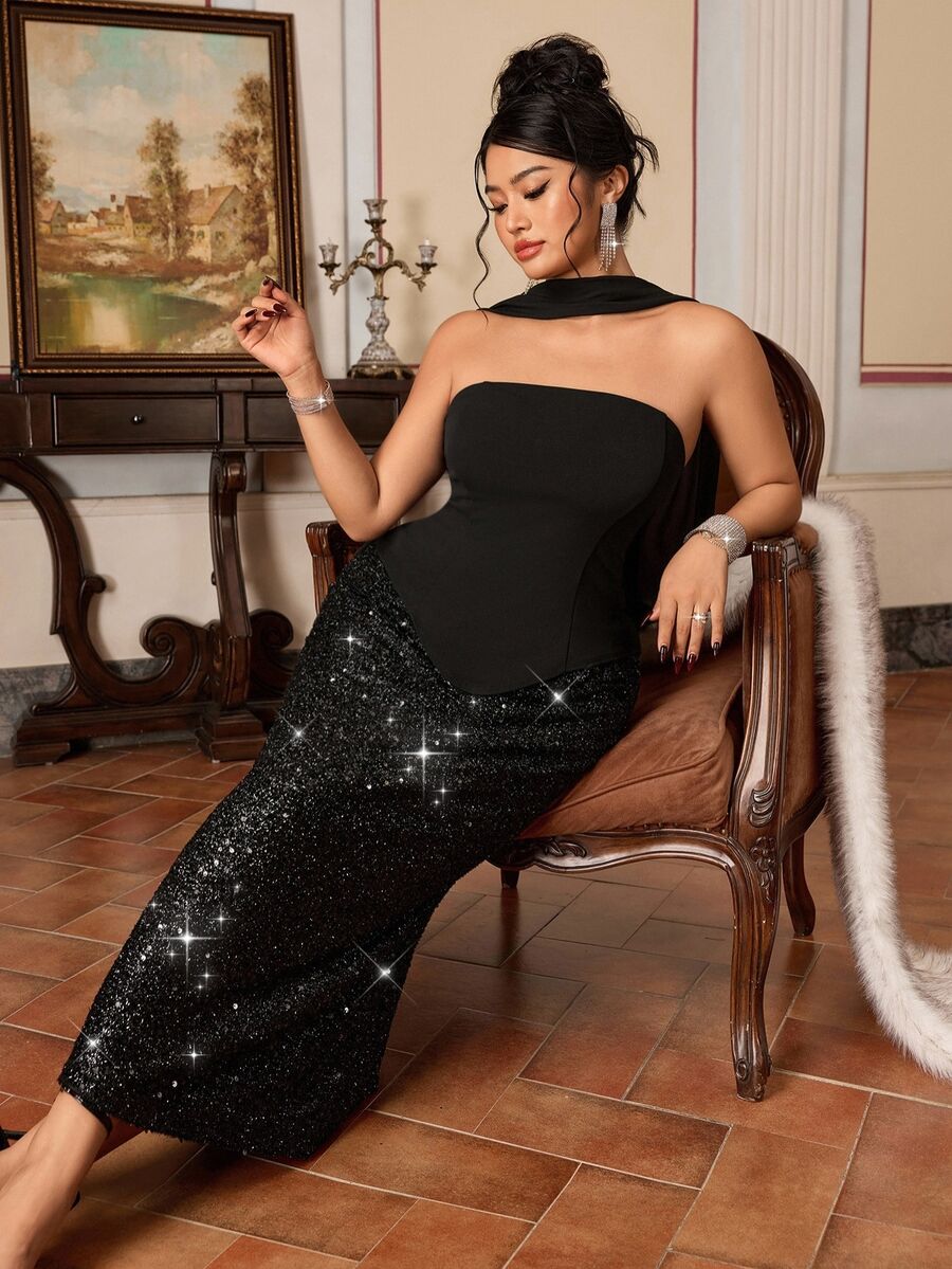 EastFlair Plus Size Women Solid Color Patchwork Sequin Strapless Fitted Elegant Dress - Black - View 1