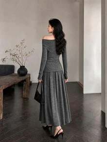 Yumoku Women's Solid Color Asymmetric Shoulder Long Sleeve T-Shirt And Skirt Casual 2 Pieces Set - Dark Grey - View 2