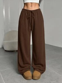 SHEIN EZwear 女款深棕色針織休閒運動長褲，抽繩腰頭，寬鬆版型，適合居家休閒或冬季穿著 - 棕色 - 查看 6