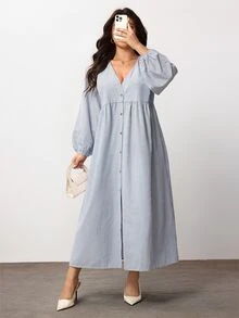 Enliva Plus Size Striped Cotton Blend Button Front Long Sleeve Dress Compatible With Apple Body Round Body - Black and White - View 4