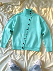 Manfinity CasualKnits كارديجان رجالي بلون موحد وأكمام طويلة وأزرار أمامية كاجوال من الصوف المحبوك - الأزرق - مشاهدة 3