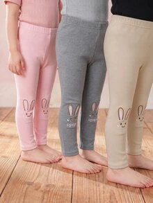 SHEIN 女嬰可愛休閒針織百搭純色刺繡卡通圖案鬆緊腰長款冬季長褲 3件組 - 杏色 - 查看 7