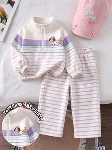 SHEIN 女童卡其棕豹紋保暖內裡兩件套，半拉鍊立領上衣 + 寬腿長褲，加厚保暖內裡 - 彩色 - 查看 1