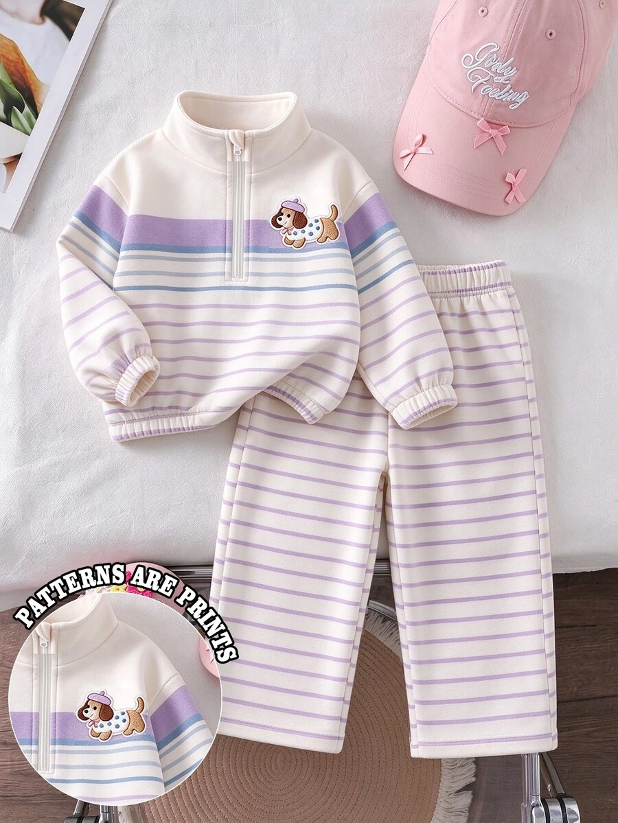 SHEIN 女童卡其棕豹紋保暖內裡兩件套,半拉鍊立領上衣 + 寬腿長褲,加厚保暖內裡 - 彩色 - 查看 1