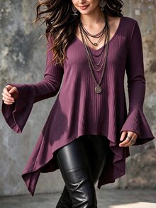 Linhara CURVE Women's Plus Size Brushed Ribbed Long Sleeve V-Neck Bell Sleeve Asymmetrical Hem Mid-Length Slimming Top, Casual T-Shirt For Autumn/Winter Fall - Brown - View 4