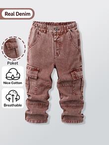 Boys' Vintage Distressed Brown Denim Cargo Pants, Loose Straight Leg Multi-Pocket Long Pants, American Street Style Versatile Comfortable Jeans, Suitable For All Seasons Outdoor Wear - Coffee Brown - View 3