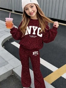 Tween女孩豹紋與字母圖案落肩秋冬衛衣及喇叭褲休閒套裝 - 白色 - 查看 1
