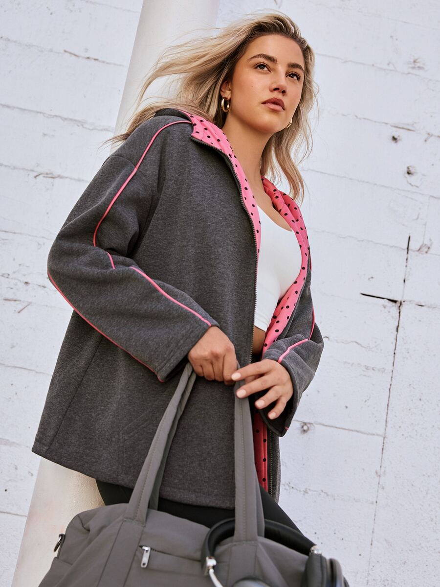 Voyena Plus Size Women's Grey & Pink Hooded Sweatshirt Jacket, Zipper Pocket Sweatshirt, Polka Dot Print Sweatshirt Winter - Grey - View 1