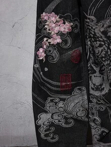 ROMWE Grunge Punk 女款新中式風格鶴與花卉印花超寬鬆牛仔褲 - 黑色 - 查看 6