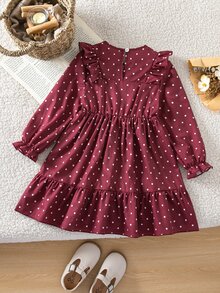 SHEIN Girlss Ditsy Floral Ruffle Collar Long Sleeve Dress Covered In Tiny Ditsy Floral Double-Layered 3D Ruffle Collar Elasticized Lettuce Hem Cuffs Suitabl - Burgundy - View 2