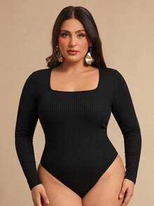 SHEIN BAE Plus Size Women's Black Knitted Square Neck Long Sleeve Fitted Bodysuit,Suitable For Autumn/Winter Bodysuit, Black Winter,Ribbed Fabric,Fall - Black - View 1