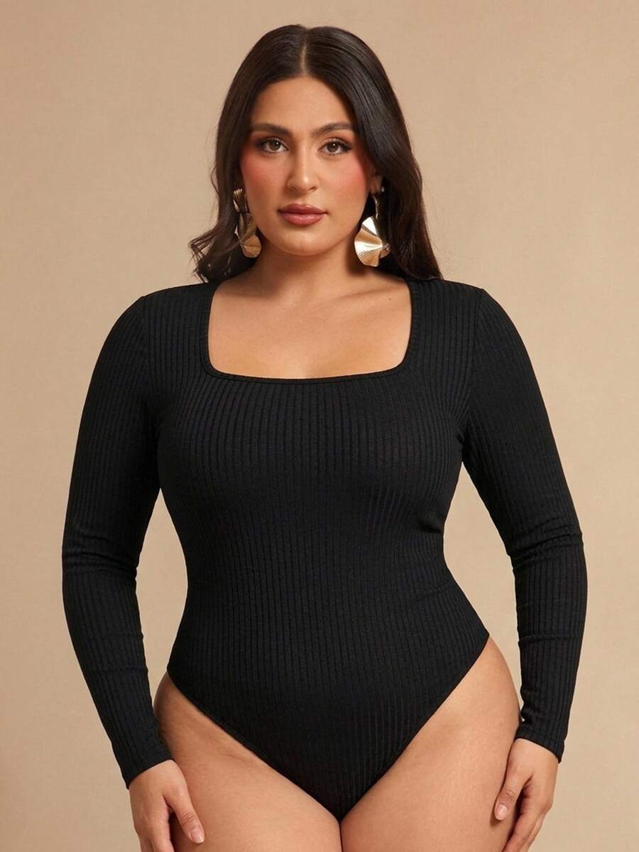 SHEIN BAE Plus Size Women's Black Knitted Square Neck Long Sleeve Fitted Bodysuit,Suitable For Autumn/Winter Bodysuit, Black Winter,Ribbed Fabric,Fall - Black - View 1