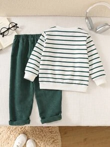 SHEIN 幼童男孩保暖內裡綠色條紋熊圖案運動衫與綠色燈芯絨長褲2件套，秋冬經典學院風上學日常穿搭 - 彩色 - 查看 2