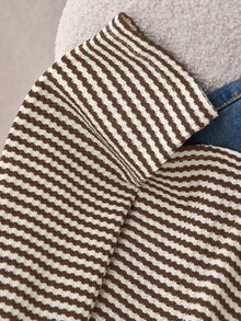 CosyJoli Plus Size Women's Casual Colorblock Striped Cotton T-Shirt, White Top, Button, Metal Buckle, Suitable For Autumn Formal Occasions And Office Wear. - Multicolor - View 6