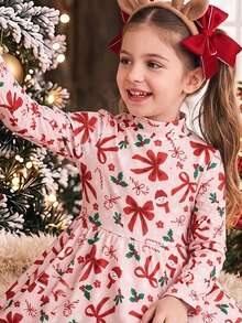 Tween Girl Casual Minimalist Kids Long Sleeve Midi Dress, Suitable For Autumn/Winter, Christmas Atmosphere, Party, Street Style - Multicolor - View 6