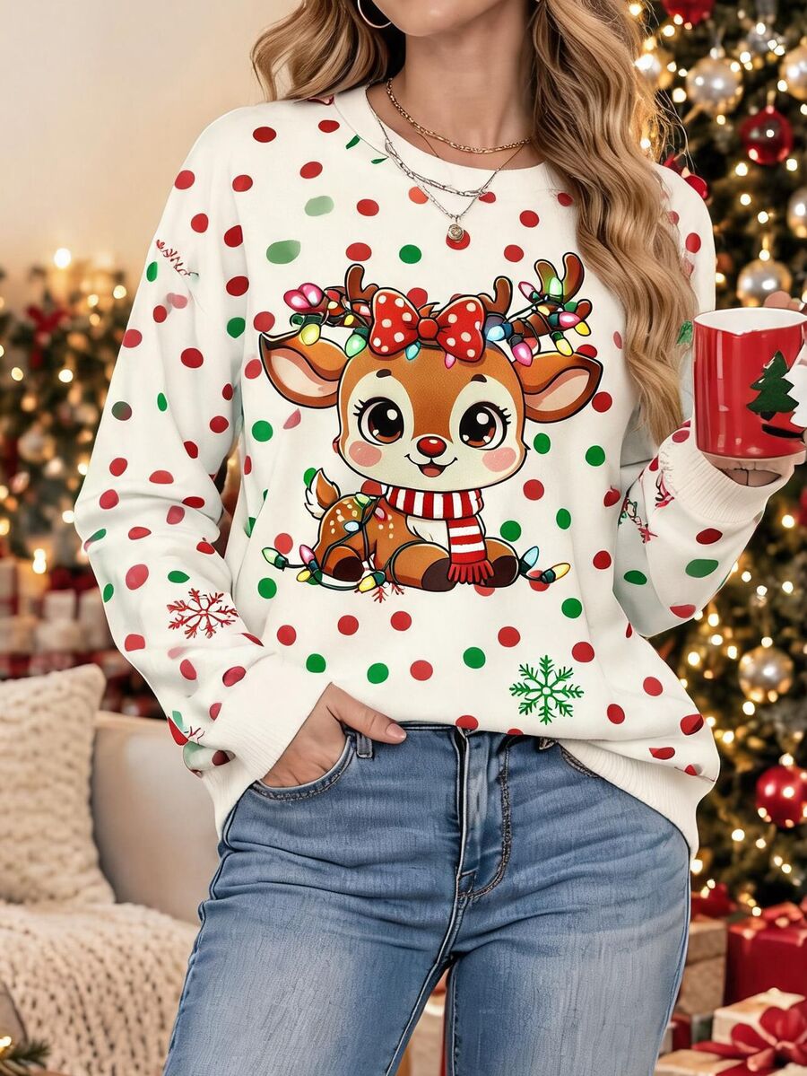 SHEIN LUNE Women's Christmas Deer Polka Dot New Year Sweatshirt, Autumn/Winter - White - View 1