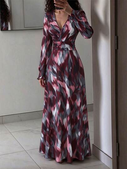 Selianne Vestido de manga larga con estampado de camuflaje de lavado de tinta vintage, cintura fruncida y puños fruncidos