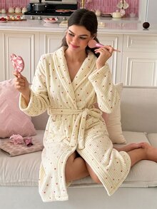 SweetSlumber Women's Striped Heart Flannel Long Robe - Yellow - View 6