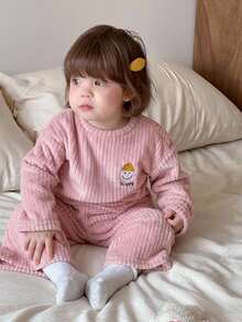 DAZY 2件組女嬰卡通刺繡圓領休閒居家服套裝，秋冬女童幼兒服飾 - 粉色 - 查看 4