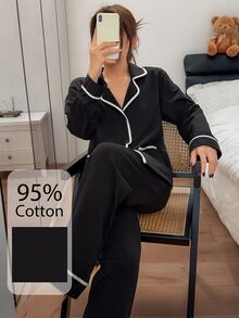 Dream Adore Casual Colorblock Patchwork Lapel Cardigan 95% High Cotton Content Comfortable Pajama Set - Black - View 3