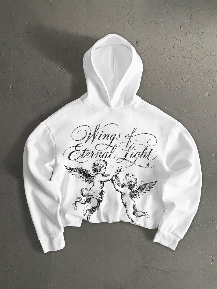 StoneGrade Sudadera con capucha blanca de manga corta holgada con hombros caídos, talla estándar para hombre, estampado de moda con patrón de tipografía inglesa y boceto de ángel dibujado a mano estilo vintage americano - Blanco - Añade 1