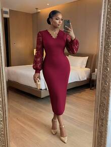 SHEIN Lady CURVE Plus Size Elegant Lace Evening Dress - Burgundy - View 6
