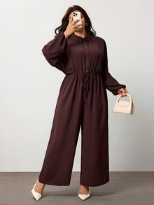 Enliva Plus Size Collared Drawstring Waist Wide Leg Jumpsuit Apple Homewear Going Out Corset Retro - Brown - View 6