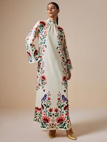 LOTSLUV Women's Autumn Elegant Apricot & Colorful Floral Print High Neck Tie Long Sleeve Straight Dress - Multicolor - View 4