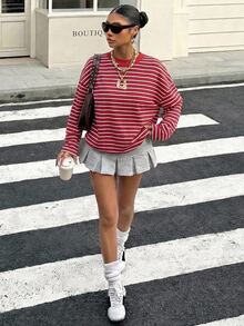 Muchica 女款 95% 棉休閒極簡條紋圓領長袖寬鬆 T 恤，適合夏季 - 彩色 - 查看 4