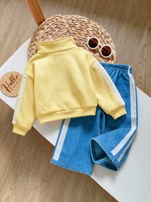 Cozy Pixies Babygirl 秋冬抓絨個性化時尚刺繡字母拉鍊連帽外套與長褲 2 件套，適合外出及其他場合 - 彩色 - 查看 2