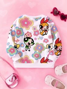 THE POWERPUFF GIRLS X SHEIN 女嬰花卉卡通角色印花長袖寬鬆圓領衛衣，春秋休閒款 - 白色 - 查看 2
