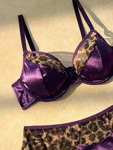 Bare Chapter Plus Size Classic Sexy Leopard Print Wild Contrast Color Satin & Mesh Top + Panties 4-Piece Set - Multicolor - View 3