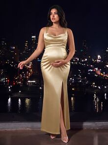 Cheriluna Maternity Maternity Elegant Slit Spaghetti Strap Dress - Champagne - View 3