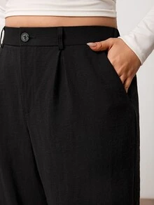 Enliva Women Plus Size Linen-Blend Trousers, High-Waisted Relaxed Straight-Leg Pants With Front Pleats, Elastic Back Waist And Cuffed Hem, Fall/Winter Pant - Black - View 8
