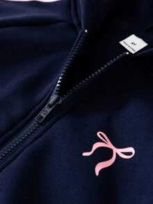 SHEIN 女童秋季兩件套套裝，柔軟針織連帽拉鍊外套搭配寬鬆寬腿長褲，海軍藍，適合戶外旅行與聚會 - 藏蓝色 - 查看 5