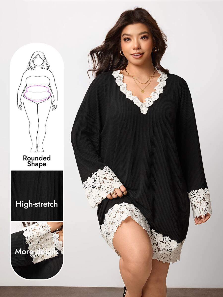Enliva Plus Size Contrast Lace Trim V Neck Knit Mini Dress Compatible With Apple Body Round Body - Black - View 1