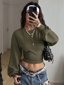 Coolane 女款秋冬返校基本款純色百褶不對稱領長袖套頭黑色運動衫 - 軍綠色 - 查看 3