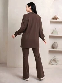 Veilorie Women's Minimalist Long Sleeve Pocket Top And Pants Sports Set - Brown - View 2