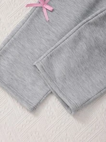 SHEIN 青少年女孩抓絨秋季套裝 2件/組圓領衛衣套裝，綠色與粉色，秋季，可愛，校園，假期穿搭 - 灰色 - 查看 5