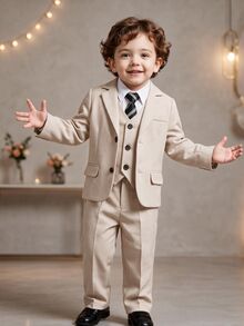 SHEIN 3件組兒童青少年男孩極簡剪影高級深皇家藍格紋西裝套裝，附深皇家藍領帶，適合婚禮季節與休閒校園穿著 - 卡其色 - 查看 1
