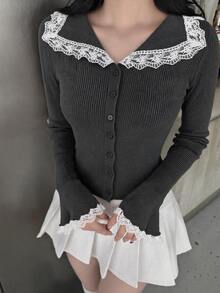 DAZY Áo len nữ tay loe viền ren mặc thường ngày phong cách casual - Xám - Xem 4
