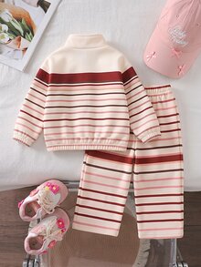 SHEIN 女童卡其棕豹紋保暖內裡兩件套，半拉鍊立領上衣 + 寬腿長褲，加厚保暖內裡 - 彩色 - 查看 2